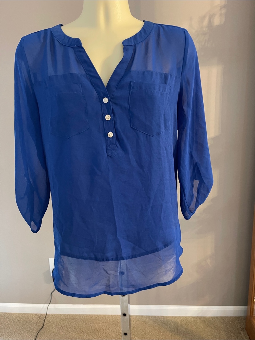 Express sheer Blue Women's Split-Neck Blouse  EUC